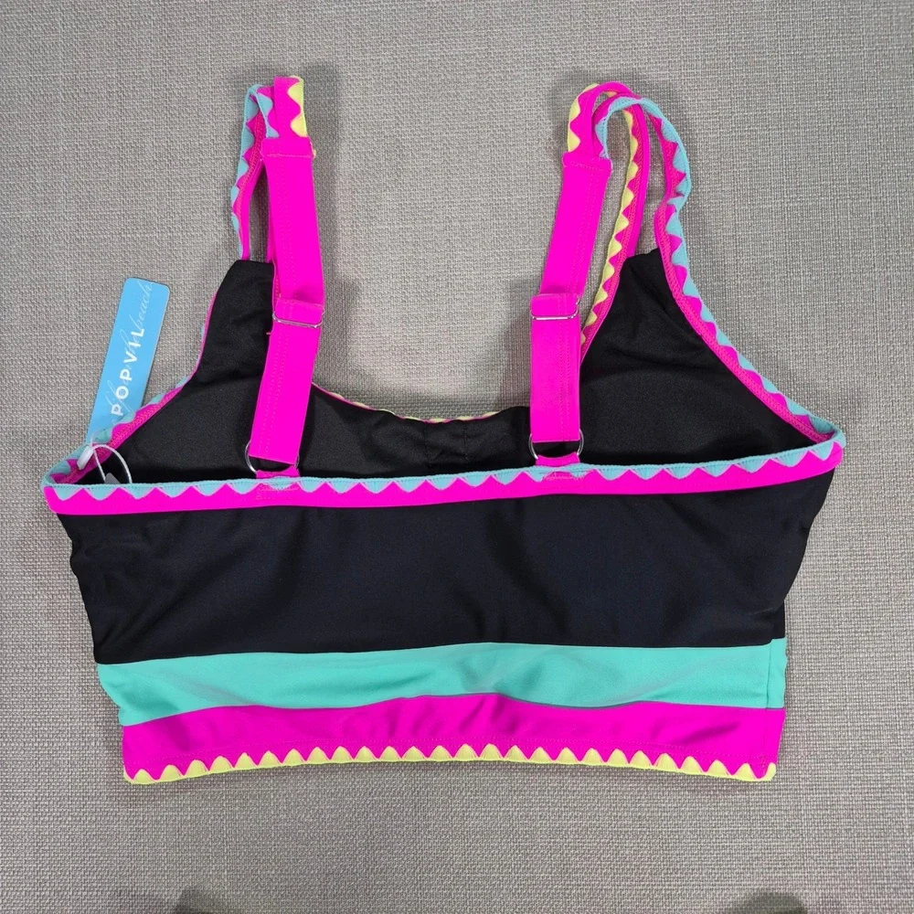 Popvil Womens 3 Piece Bikini Swim Skirt Set Black Pink Colorblock Ric Rac Size S
